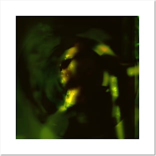 Portrait, digital collage and special processing. Man looking somewhere. He's strong. High contrast, green. Posters and Art